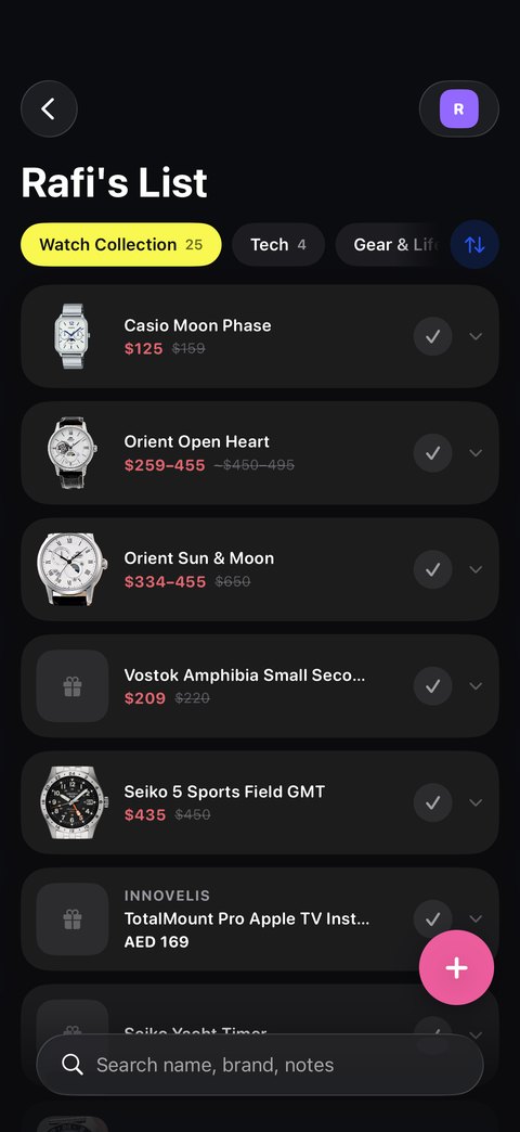 Nudge list view: the watch collection with prices and sale markers